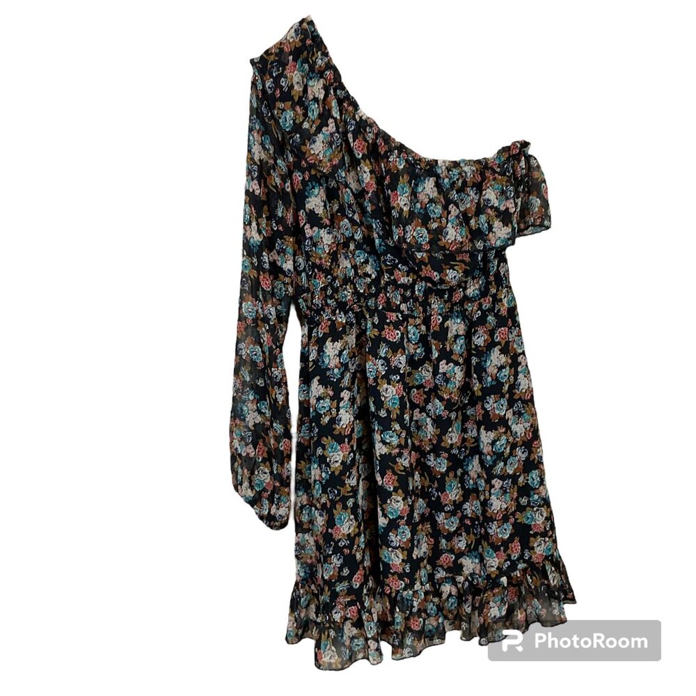 Hazel Women Dress M Black Floral Cottage Mini Spring Summer One Shoulder R3
